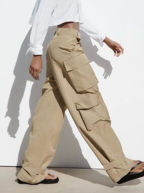 ZARA Wide Leg Cargo Pants Size XS 100% Cotton Utility Pockets Casual Adjustable